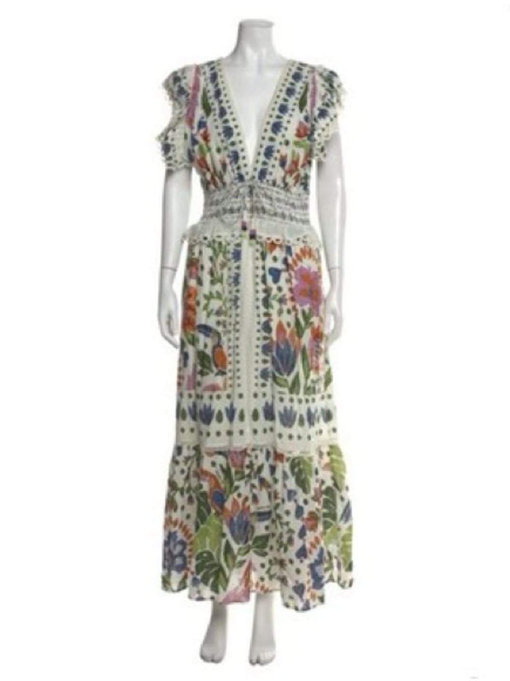 Farm Rio Summer Garden Embroidered Smocked Maxi Dress